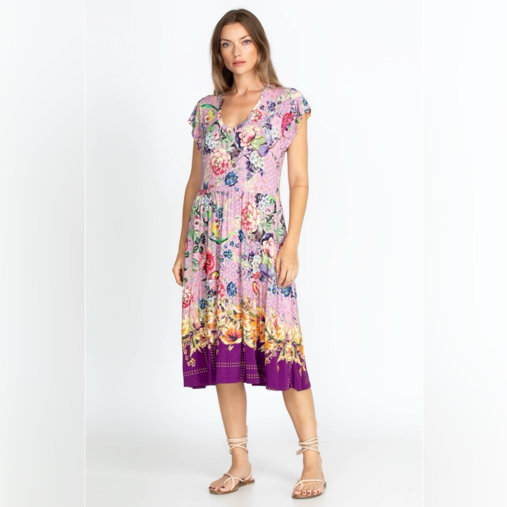 Johnny Was Topiary Tiered Tea length Pink Floral Dress